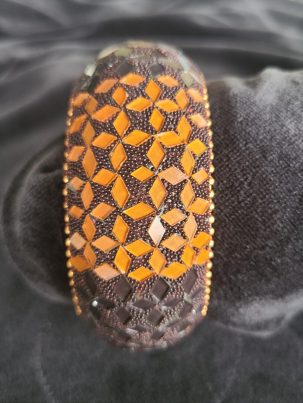 Vintage Boho Heavy Resin Chunky Bangle Bracelet Glass Mosaic Inlay Orange 2.5"